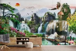 Carta da Parati paesaggio cascate e foresta zen