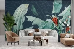 Adhesive Wallpaper with Illustrated Tropical Leaves