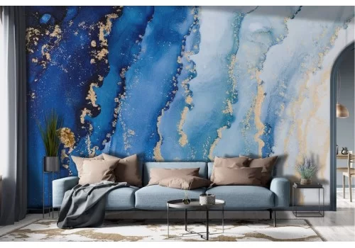 Carta da parati Onde Astratte Mare Blu Oro