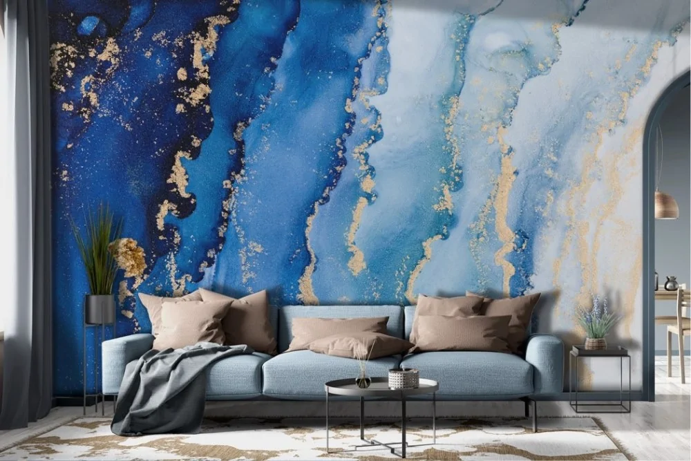 GUGIKA Quadro Moderno Astratto Onde Oceaniche | Stampa Su Tela 100x50cm | Blu E Oro | Decorazione Da Parete Per Soggiorno