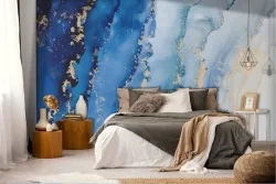 Carta da Parati Adesiva Onde Astratte Mare Blu Oro