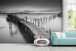 Pier on the sea Black and White Wallpaper