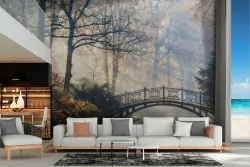 Carta da Parati foresta con lago e cigni paesaggio