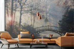 Carta da Parati foresta con lago e cigni paesaggio