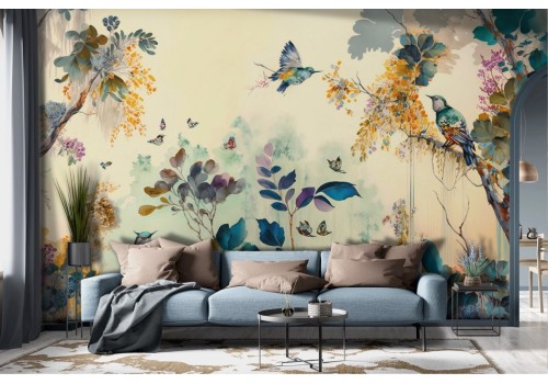 Wallpaper Illustration Colorful Birds Forest