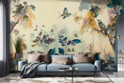 Carta da parati Illustrazione Uccelli Bosco Colorata