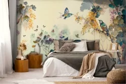 Carta da Parati Adesiva Illustrazione Uccelli Bosco Colorata