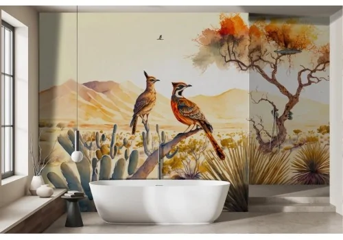 Watercolor Landscape Wallpaper with Birds -a130