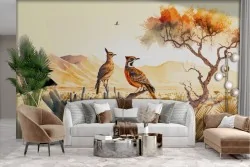 Adhesive Wallpaper Watercolor Landscape with Birds