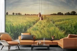 Adhesive Wallpaper Meadow at Sunset with Trees