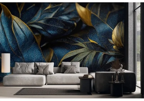 Wallpaper Flowers and Leaves Gold and Blue Shadows -a134