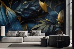 Carta da parati Fiori e Foglie Oro e Blu Ombre