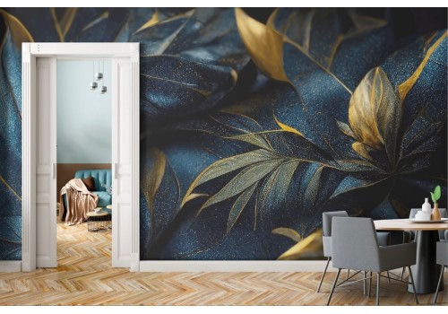 Wallpaper Flowers and Leaves Gold and Blue Shadows 2