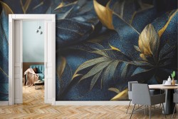 Carta da Parati Adesiva Fiori e Foglie Oro e Blu Ombre