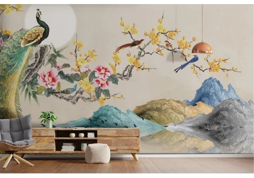 Carta da Parati pavone uccelli e fiori illustrazione glamour