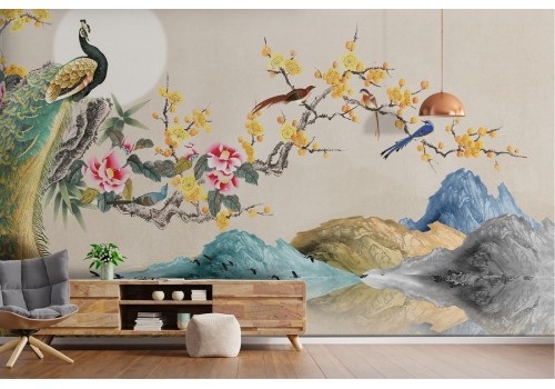 Peacock birds and flowers wallpaper glamorous illustration