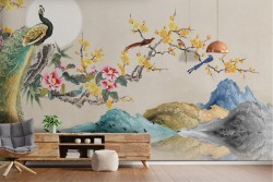 Carta da Parati pavone uccelli e fiori illustrazione glamour