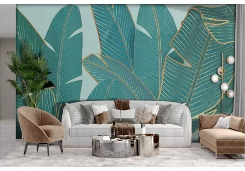 Carta da parati Foglie tropicali stilizzate oro moderna 2