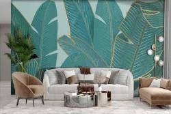 Carta da Parati Adesiva Foglie tropicali stilizzate oro moderna