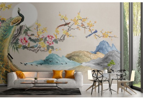 Peacock birds and flowers wallpaper glamorous illustration 2