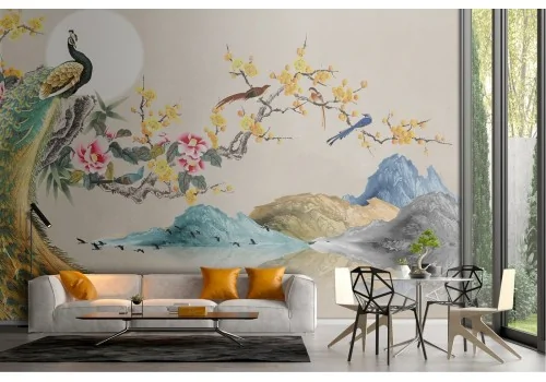 Peacock birds and flowers wallpaper glamorous illustration 2