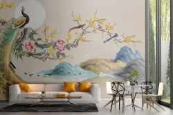 Carta da Parati pavone uccelli e fiori illustrazione glamour