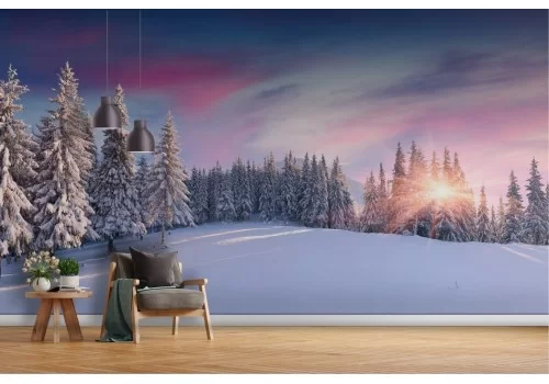 Carta da parati Tramonto montagne ed alberi neve