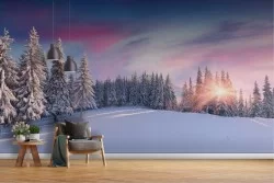 Carta da parati Tramonto montagne ed alberi neve