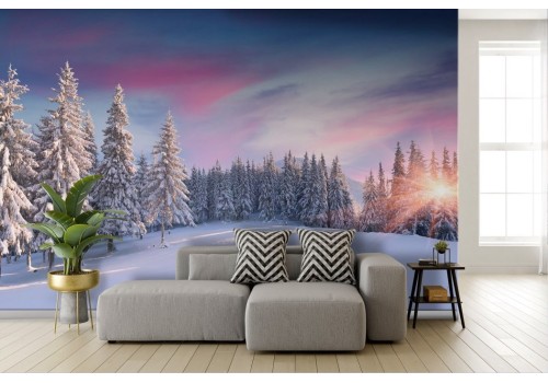 Carta da parati Tramonto montagne ed alberi neve 2