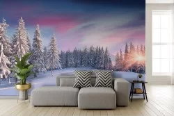 Adhesive Wallpaper Sunset Mountains and Snow Trees