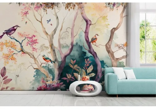 Oriental painted wallpaper with colorful trees and little birds -a150