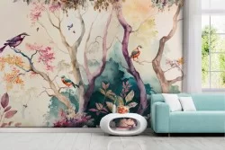 Oriental painted wallpaper with colorful trees and little birds