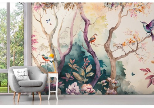 Oriental painted wallpaper with colorful trees and little birds 2
