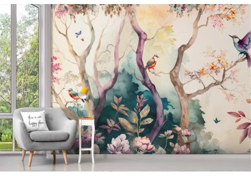 Oriental painted wallpaper with colorful trees and little birds 2