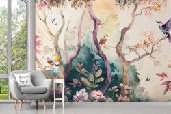 Adhesive Wallpaper with oriental painting of colored trees and little birds