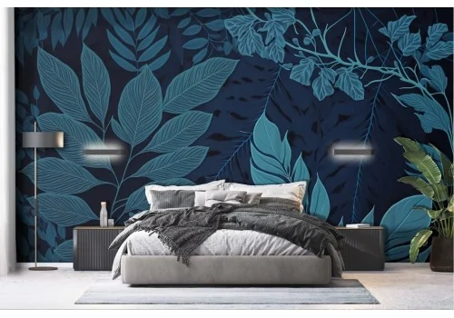 Modern Wallpaper Blue Designed Leaves -a153