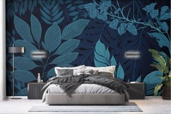 Modern Wallpaper Blue Drawn Leaves