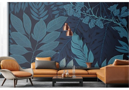 Modern Wallpaper Blue Drawn Leaves 2