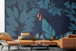 Modern Adhesive Wallpaper Blue Drawn Leaves