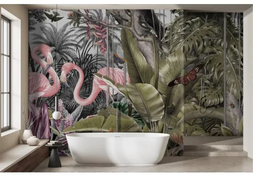 Jungle Wallpaper with Vintage Flamingos -a154