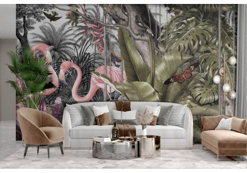 Jungle wallpaper with vintage flamingos 2
