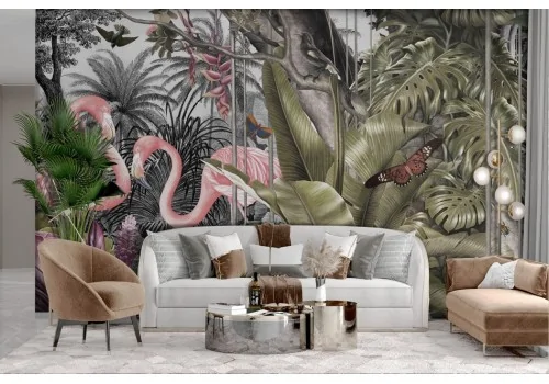 Jungle wallpaper with vintage flamingos 2