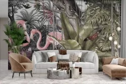 Adhesive Wallpaper Jungle with vintage flamingos