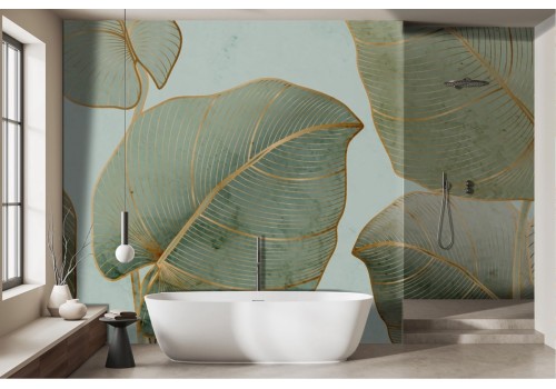 Vintage green golden leaves wallpaper