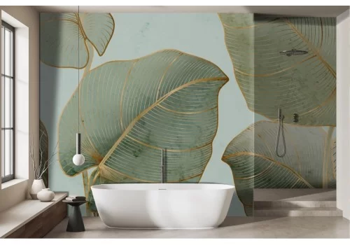 Vintage green golden leaves wallpaper