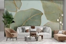 Adhesive Wallpaper with Vintage Green Gold Leaves