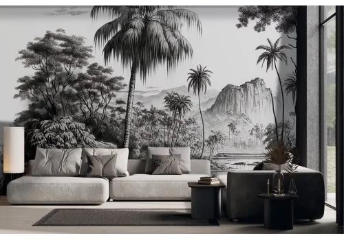 Tropical jungle landscape wallpaper black and white -a199