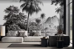 Carta da parati paesaggio tropicale jungle bianco e nero