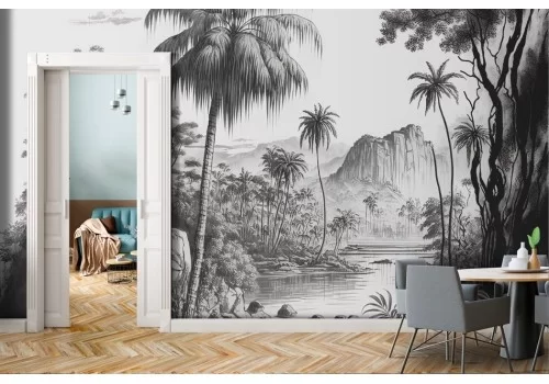 Carta da parati paesaggio tropicale jungle bianco e nero 2