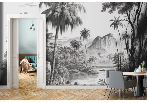 Tropical jungle landscape wallpaper in black and white 2